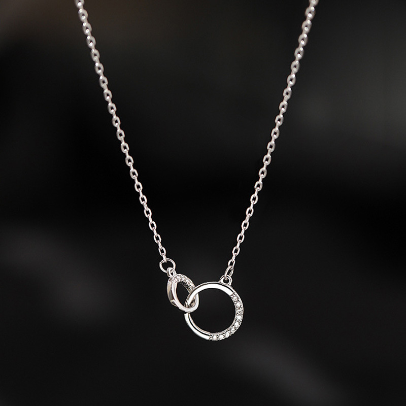 Diamond Geometric Double Circle Fashion 925 Silver Necklace