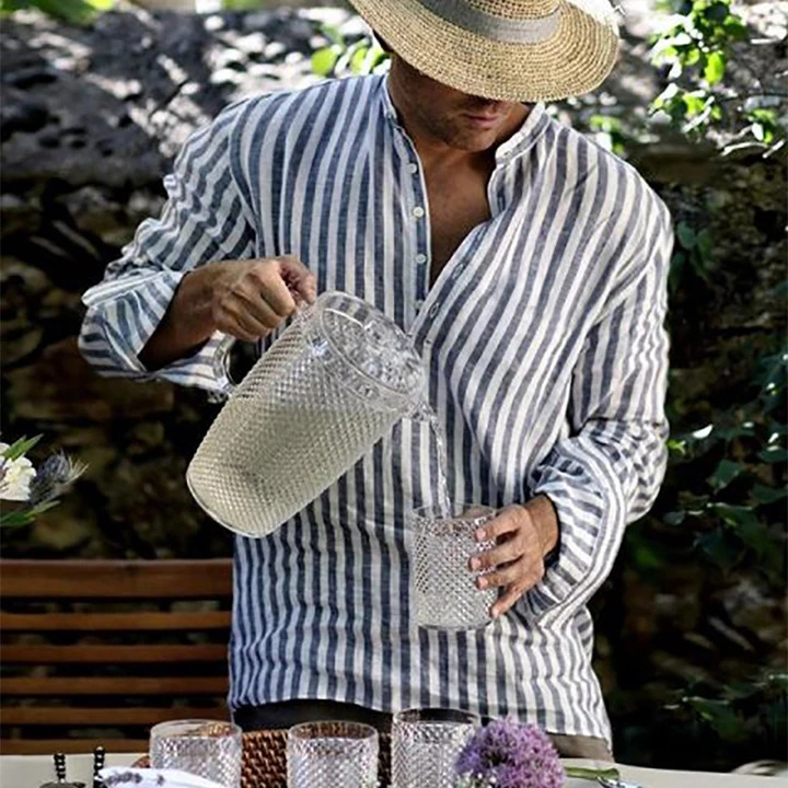 Men's Long Sleeve Printed Linen Colorblock Lapel Shirt