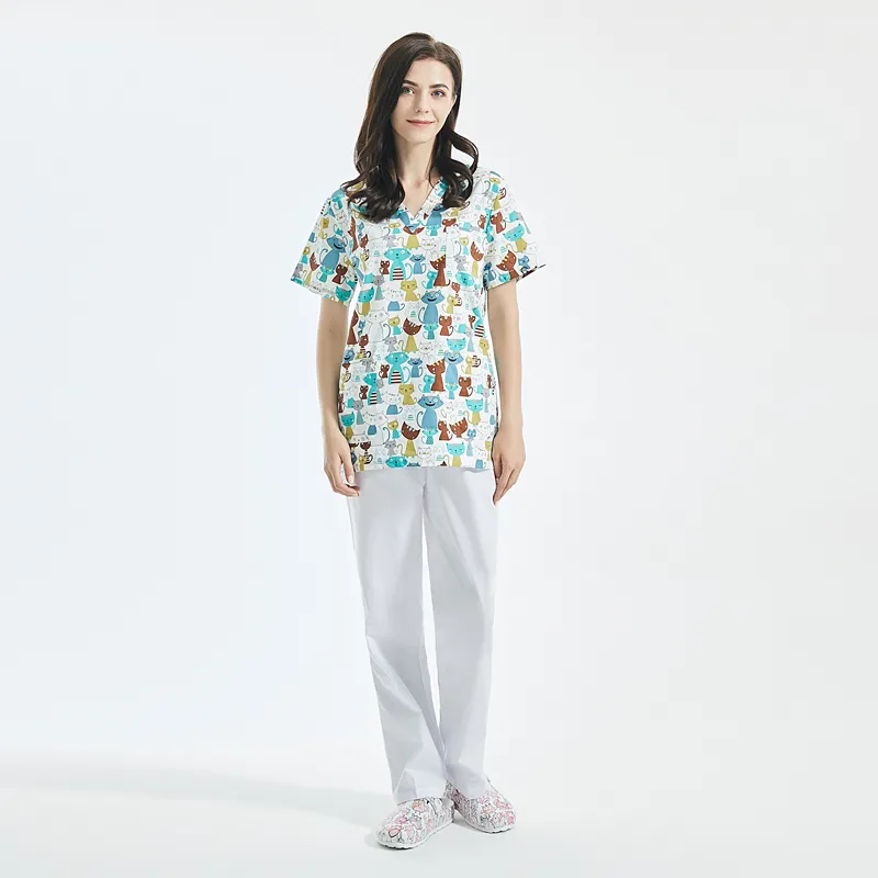 Cotton Cartoon Print Spa Uniform Beauty Salon Clothes Suit - Colorful Animals