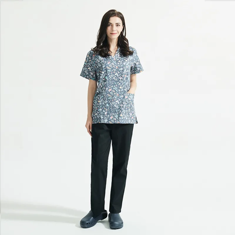 Cotton Cartoon Print Spa Uniform Beauty Salon Clothes Suit - Dark Gray Floral