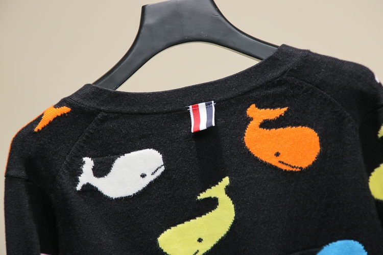 Color Little Whale Jacquard Jacket Women's College Style V-neck Long Sleeve Knit Cardigan Top