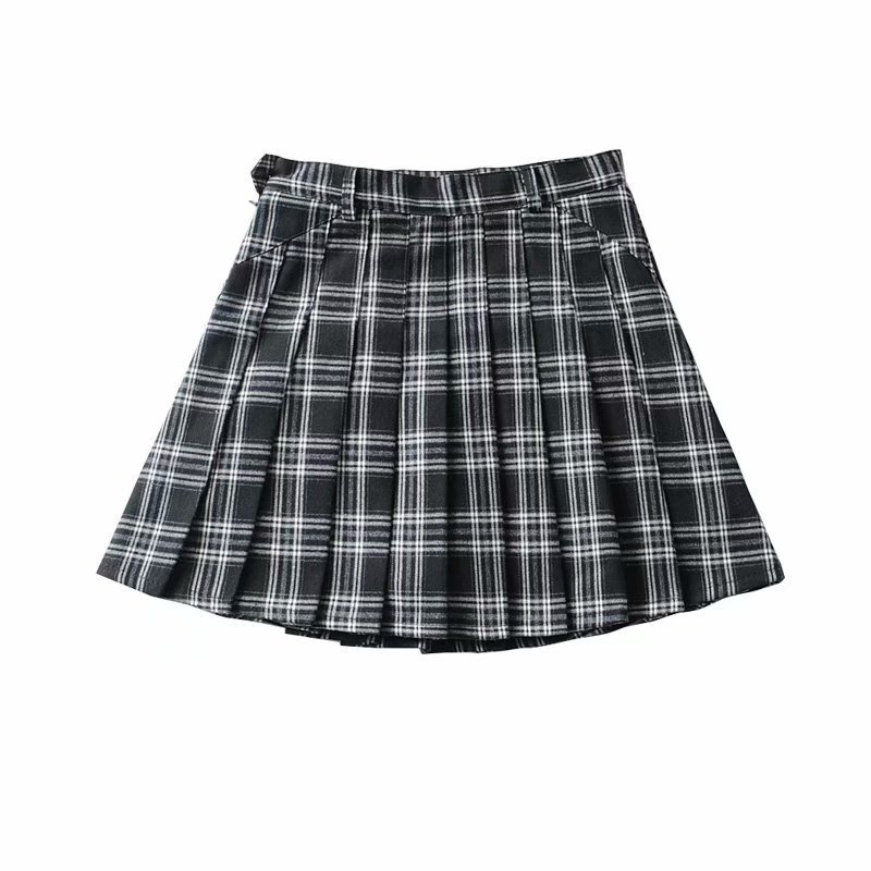 New European And American Women'S Fashion Thick Plaid  Pleated Skirt High Waist Slim Skirt Short Skirt
