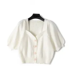 Summer New Style Swan Neck Flower Buckle Puff Sleeve Retro Knitted Cardigan Shirt Women - White - View 1