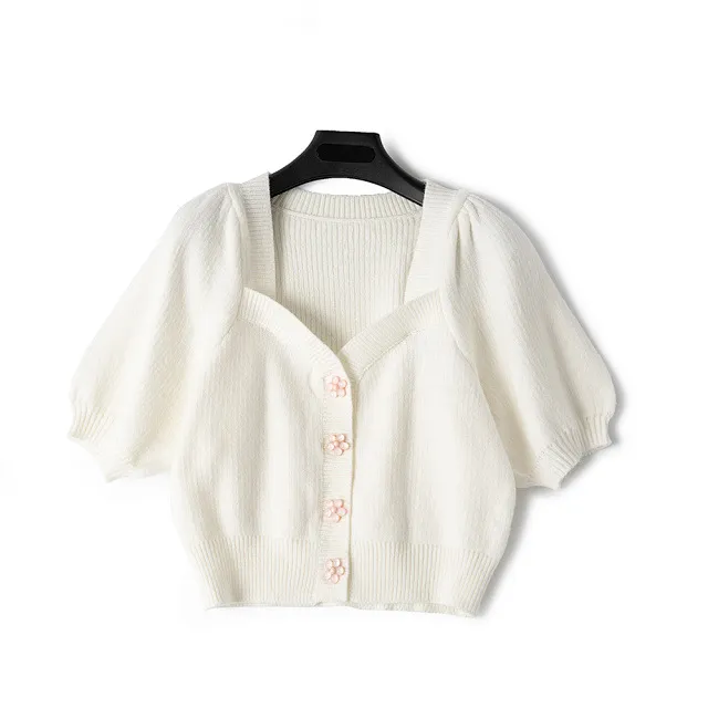 Summer New Style Swan Neck Flower Buckle Puff Sleeve Retro Knitted Cardigan Shirt Women White - Shop at LoveMi