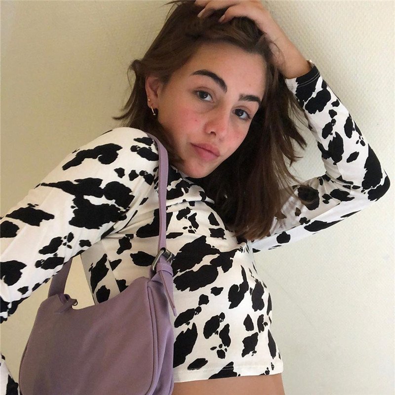 New Women'S Sexy Cow Pattern High-Neck Bottoming Tight-Fitting Navel T-Shirt