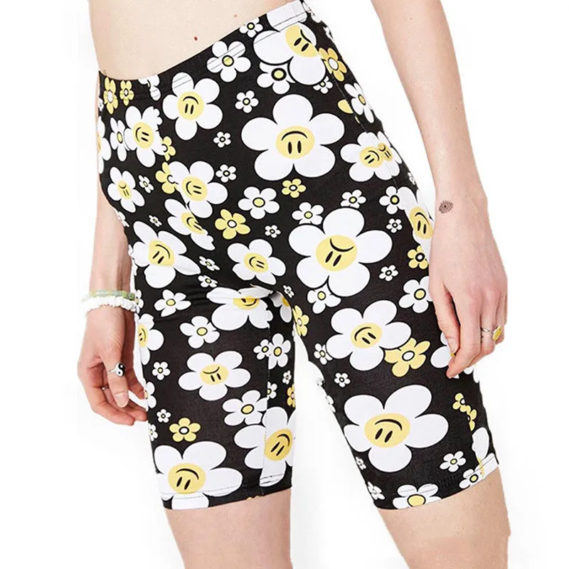 Cute Smiling Face Daisy Knitted Stretch Slim Short-sleeved T-shirt Elastic Waist Shorts Suit - Fancy Shorts-S