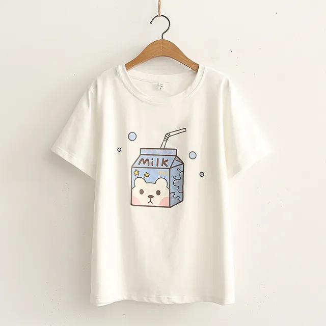 Printed Short sleeved T shirt Women Loose Casual Half sleeved White - Shop at LoveMi