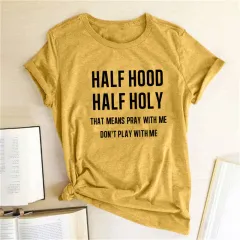 Half Cover Half Holy Letter Printed Women's T-shirt - Yellow - View 1