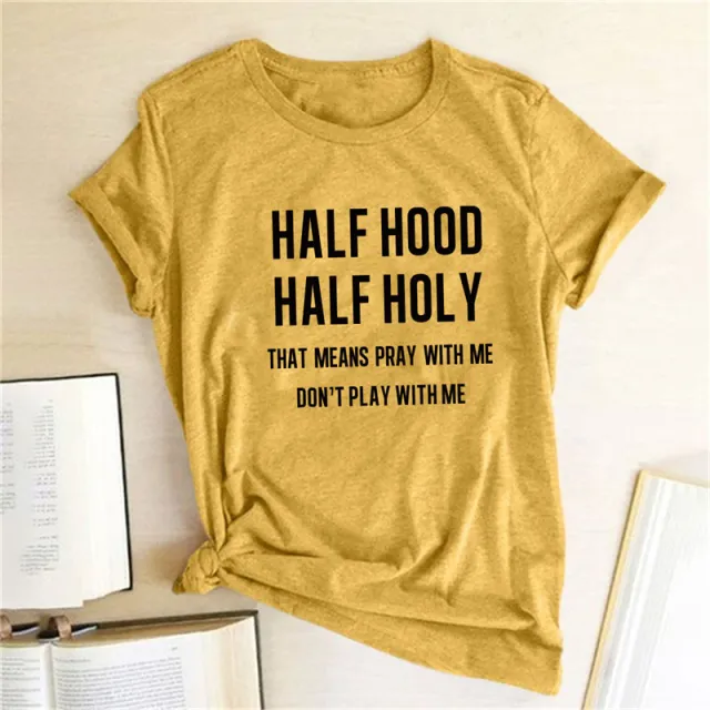 Half Cover Half Holy Letter Printed Women's T shirt Yellow - Shop at LoveMi