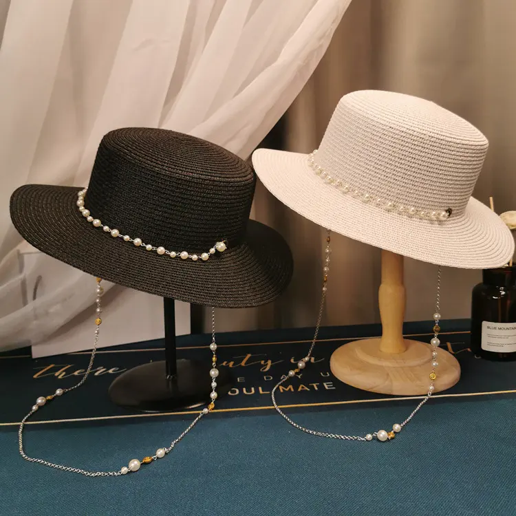 French Retro Pearl Chain Flat Straw Hat Elegant Top