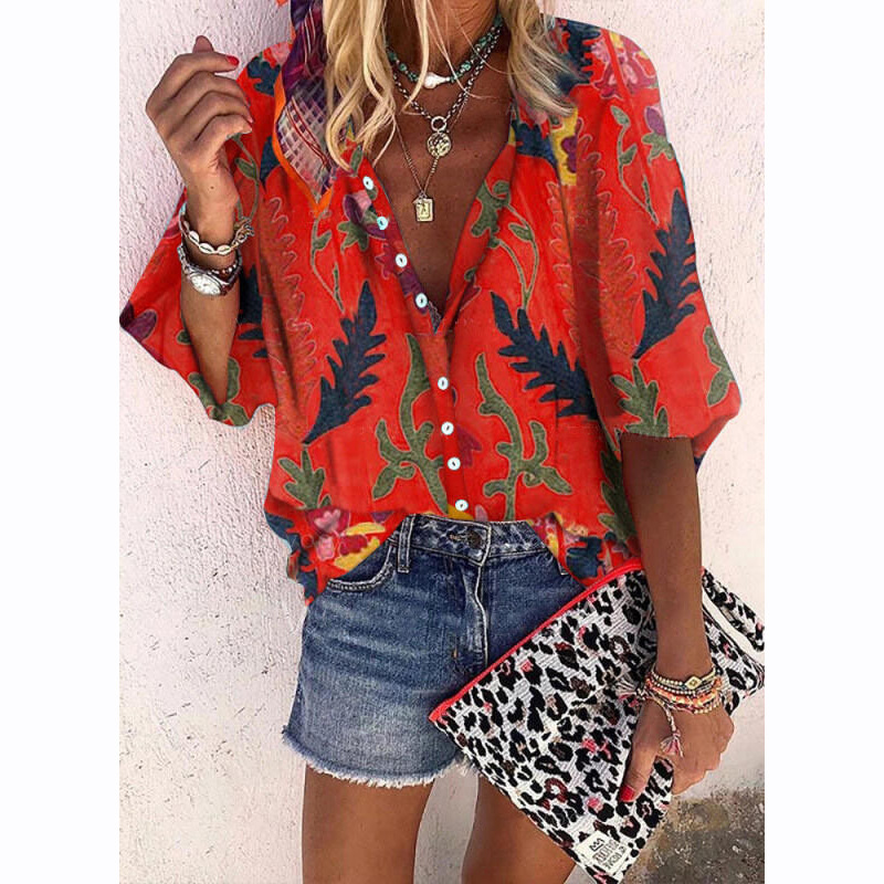 New Style Printed Stand Up Collar Long Sleeved Casual Women's Shirt