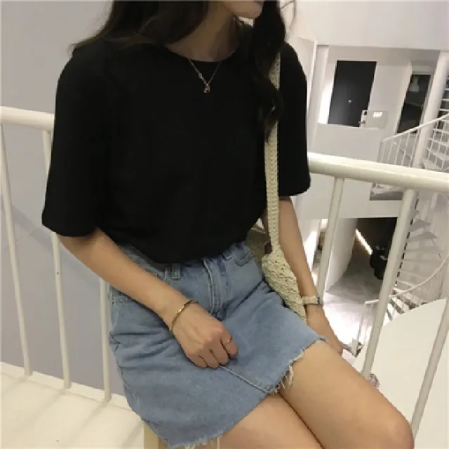 Milk Silk Basic Solid Color Short sleeved T shirt Black - Shop at LoveMi