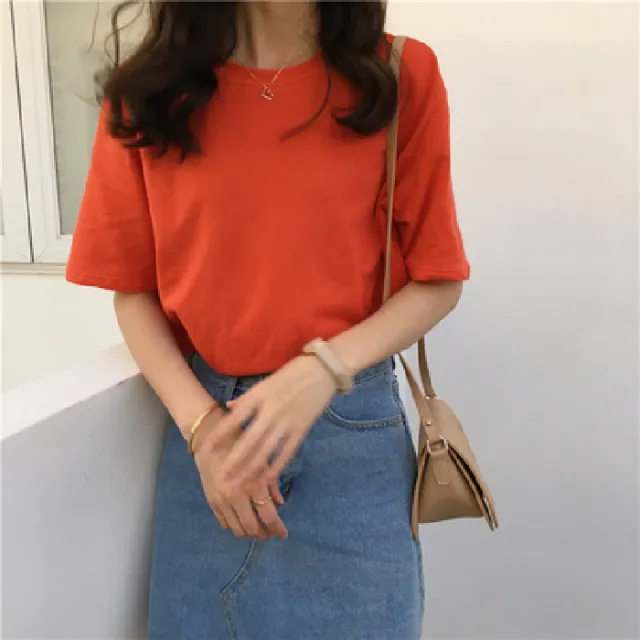 Milk Silk Basic Solid Color Short sleeved T shirt Orange - Shop at LoveMi