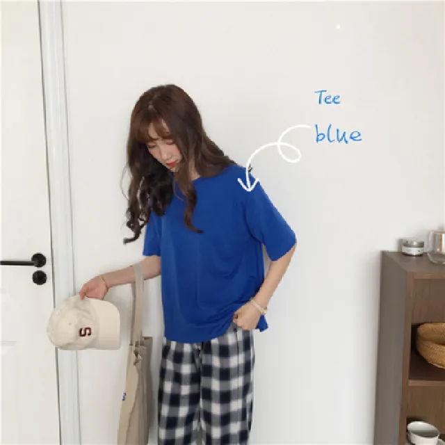 Milk Silk Basic Solid Color Short sleeved T shirt Blue - Shop at LoveMi