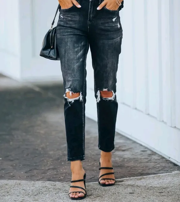 Women's New High Waisted Stretch Jeans With Small Feet Black - Shop at LoveMi
