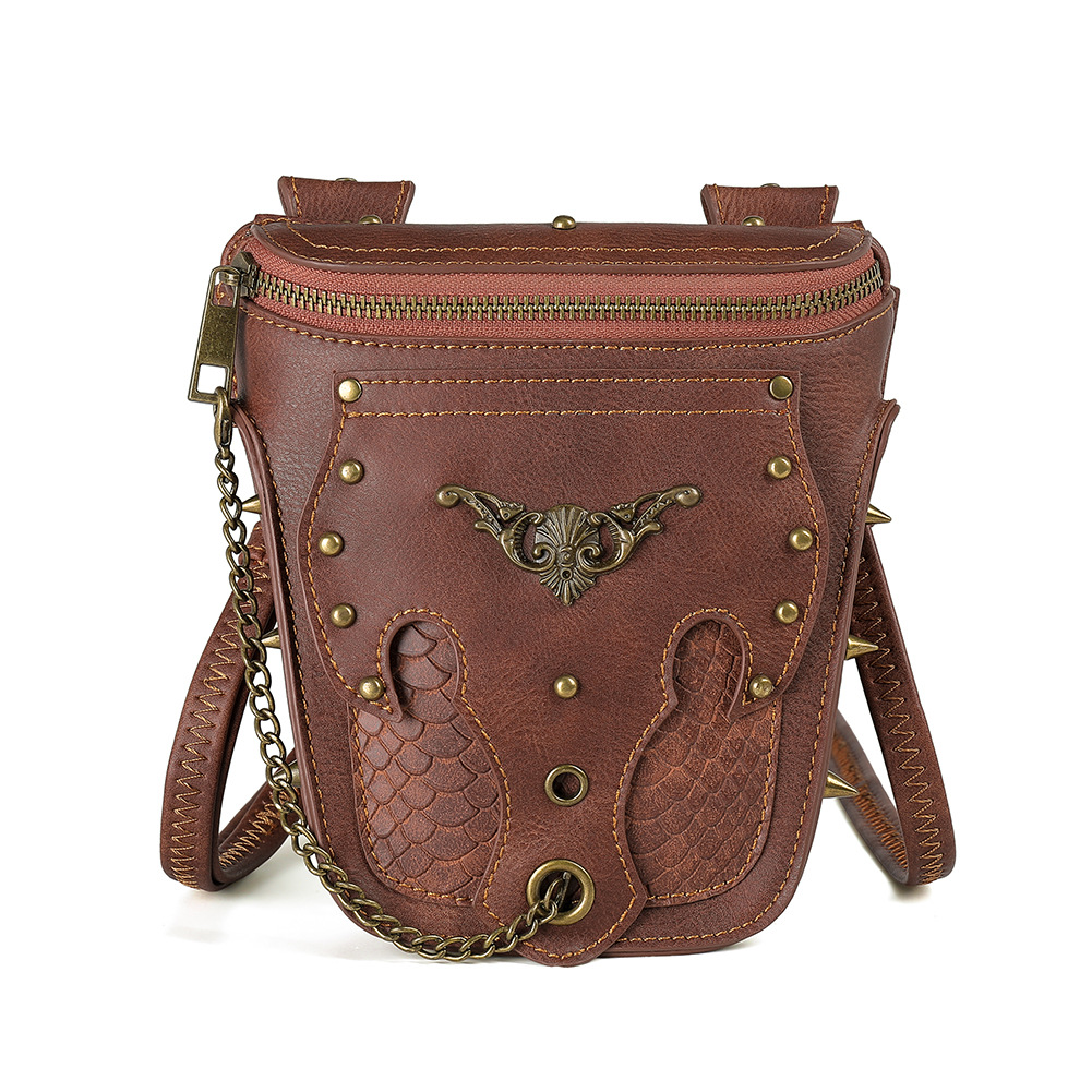 Ladies One shoulder Messenger Bag Motorcycle Rivet Mobile Phone Chain Bag Brown - Shop at LoveMi