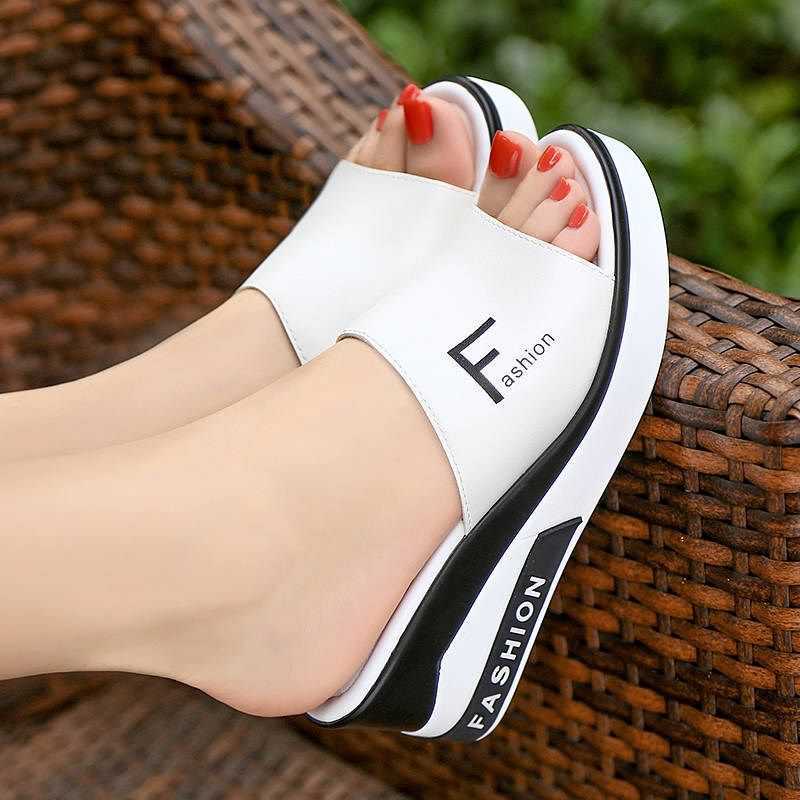 New Wedge Heel Mid Heel Slippers Women White - Shop at LoveMi