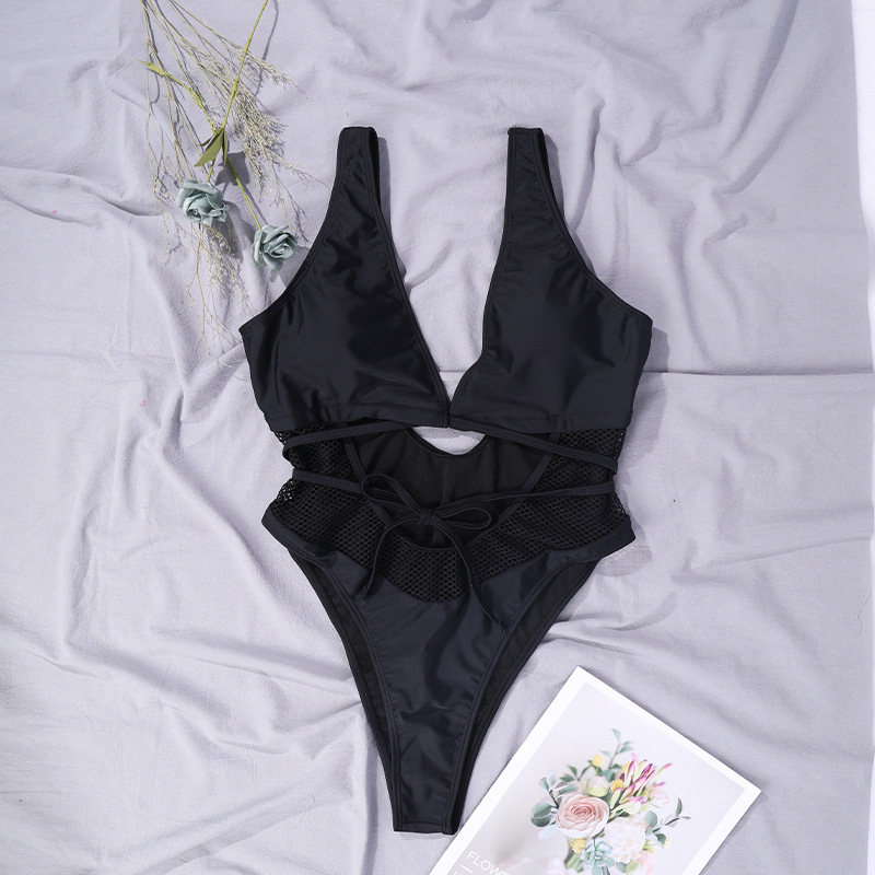 Title 5, Swimsuit Black Mesh Hollow Lace One-piece Swimsuit