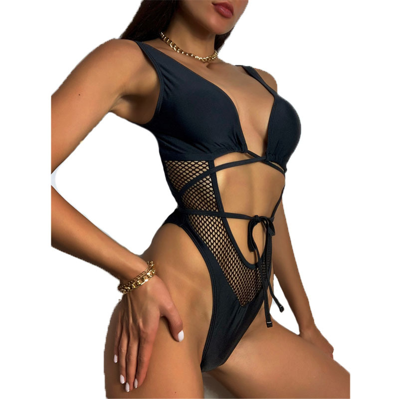 Title 3, Swimsuit Black Mesh Hollow Lace One-piece Swimsuit