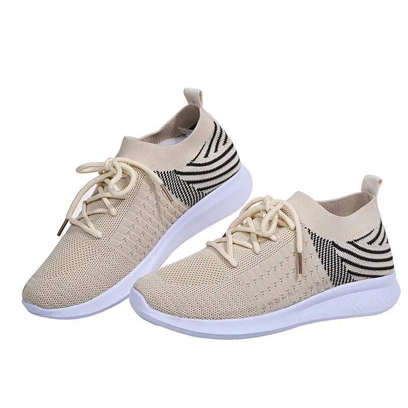 New Fashion Breathable Fly Woven Mesh Shoes Casual Flat Sneakers Women - Beige