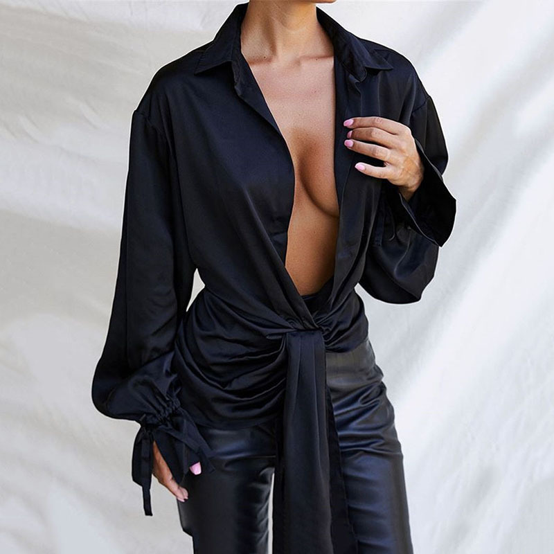 V-neck Shirt Female AliExpress Foreign Trade Women's Sexy Long-sleeved Loose Solid Color Shirt
