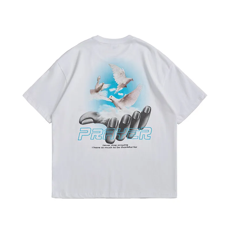 Personalized White Pigeon Print Loose Student Short-sleeved Men's T-shirt - White