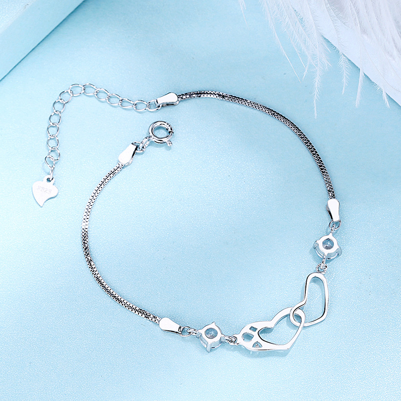 Sterling Silver Double Heart Bracelet Simple Student Female