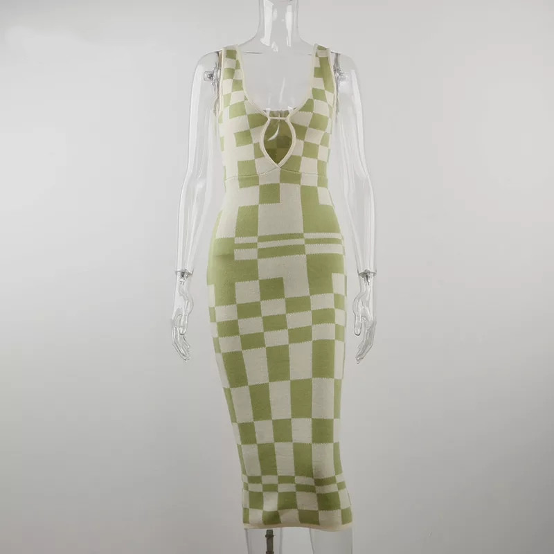 Plaid Knitted Dress Women's Casual Long Skirt