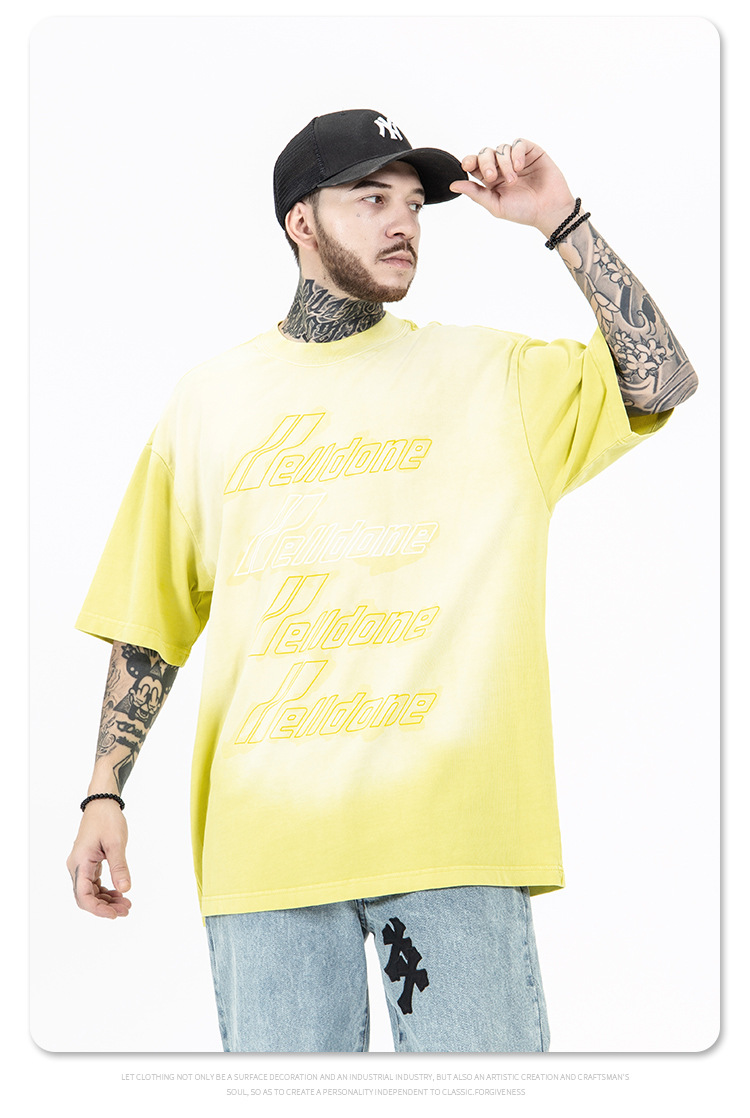 Alphabet Embroidery Tie Dye Round Neck Retro Short Sleeve