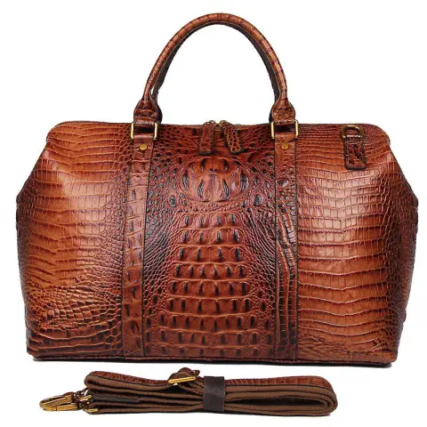Brown Croc Print Real Leather Duffle Bag for Weekend