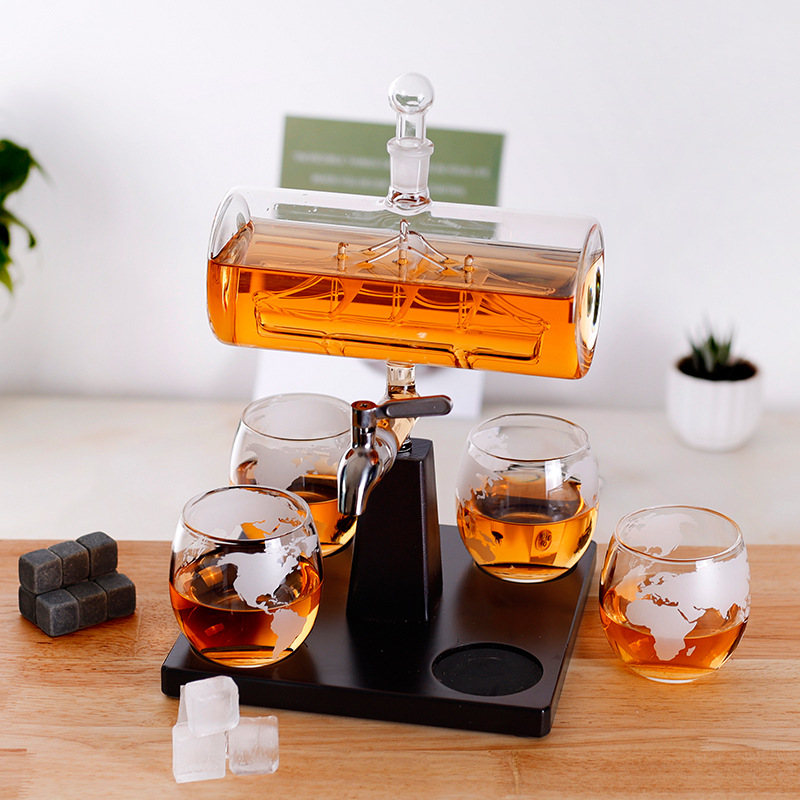 Whiskey Bottle Set, Wooden Stand And Hengfan Wine Bottle