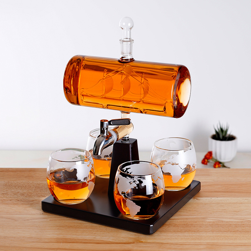 Whiskey Bottle Set, Wooden Stand And Hengfan Wine Bottle