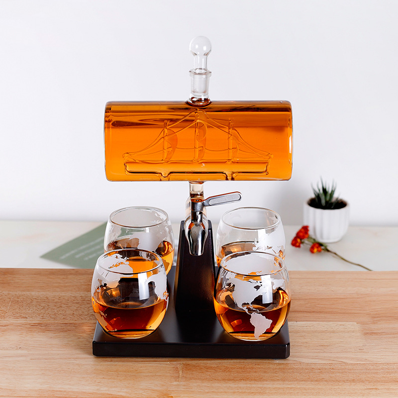 Whiskey Bottle Set, Wooden Stand And Hengfan Wine Bottle