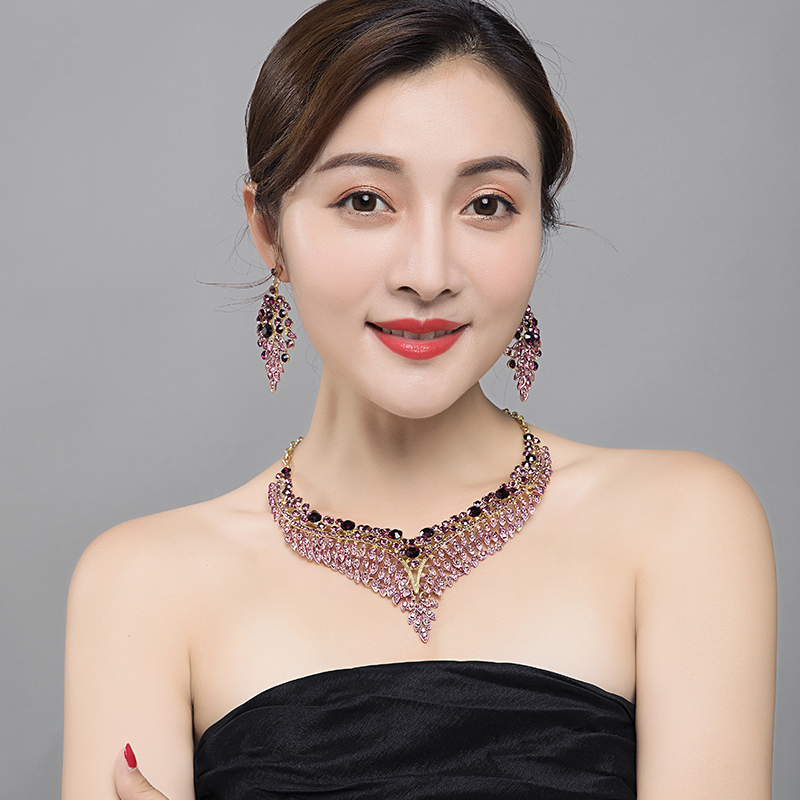 Luxury Rhinestone Gem Short Clavicle Necklace And Earring Set H - Shop at LoveMi