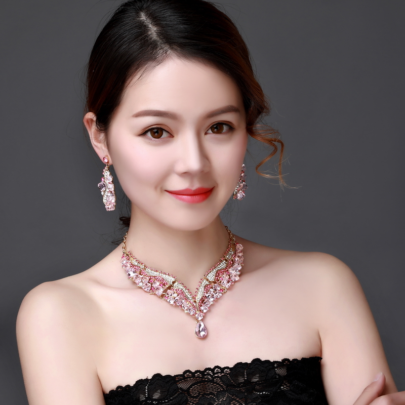 Luxury Rhinestone Gem Short Clavicle Necklace And Earring Set U - Shop at LoveMi