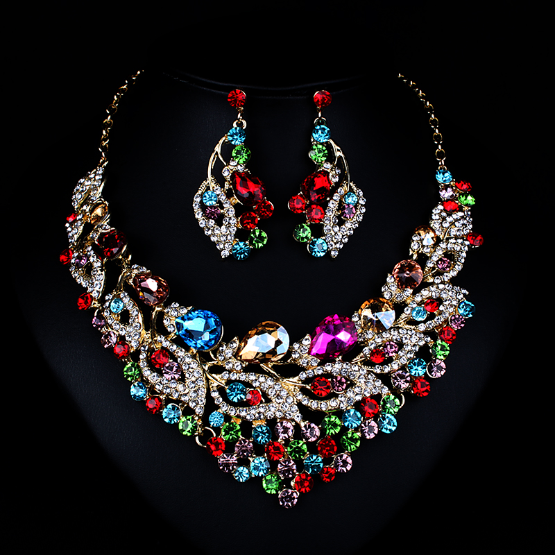 Luxury Rhinestone Gem Short Clavicle Necklace And Earring Set J - Shop at LoveMi
