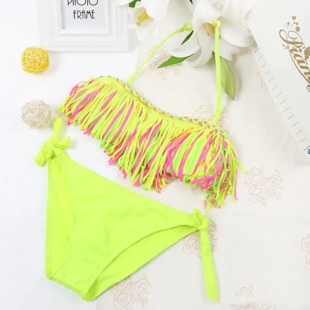 Children's Swimwear Girls Fringed Split Bikini Swimsuit Yellow - Shop at LoveMi