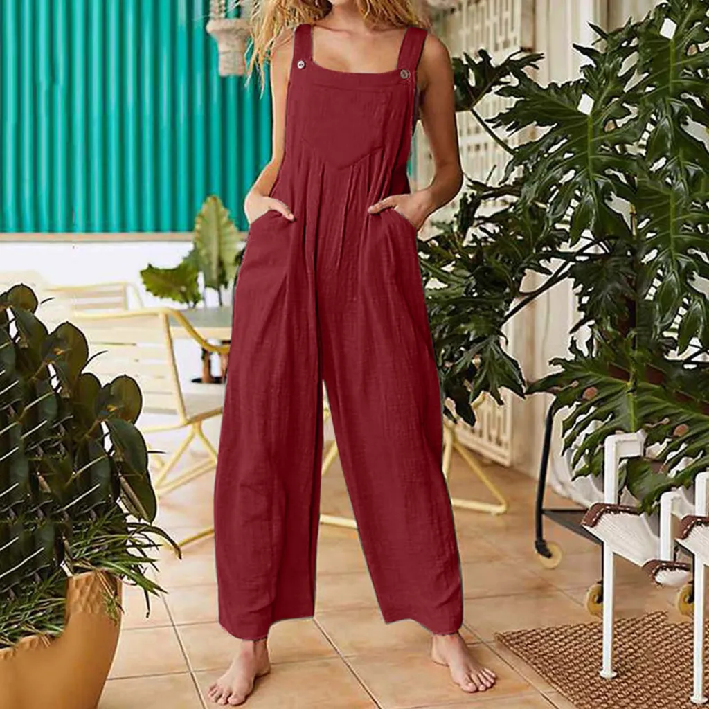 Women's Printed Sleeveless Side Pockets Casual Wide Leg Side Buckle Jumpsuit - Red