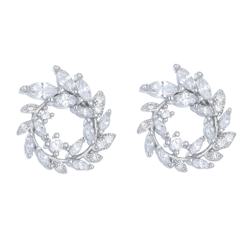 S925 Sterling Silver Temperament Branch Leaf Diamond Stud Earrings