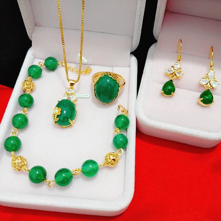 Necklace Imitation Gold Color Flower Pendant Euro Coin Necklace Gemstone Four-piece Set