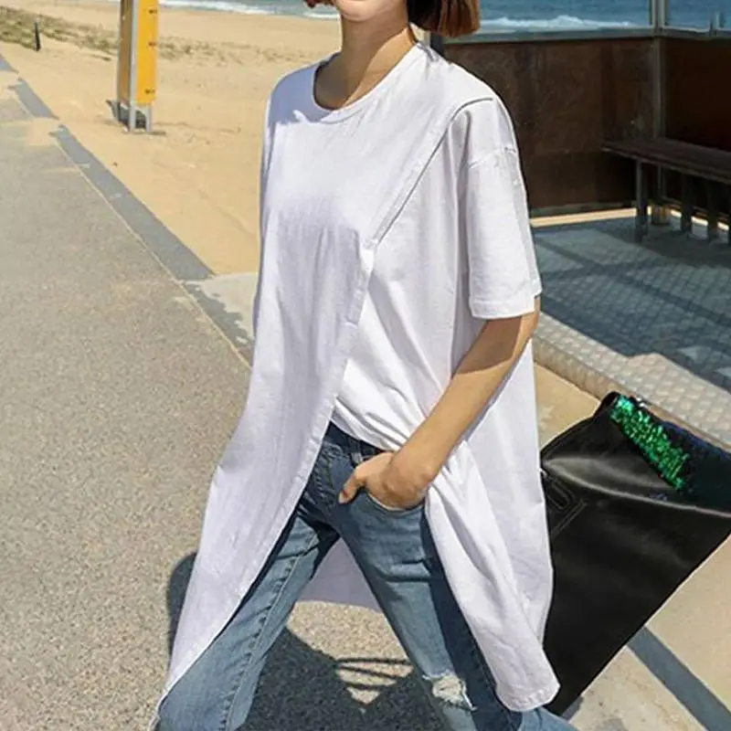 Loose Slimming Irregular Split Bottoming Shirt Summer - White