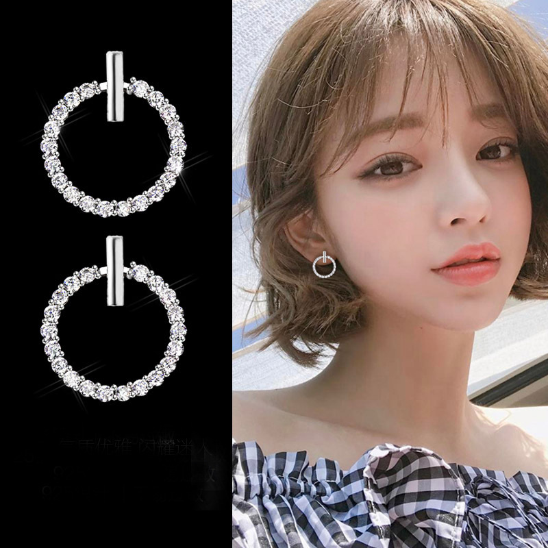 Fashion Circle Diamond Earrings Women's Pure Silver Earrings