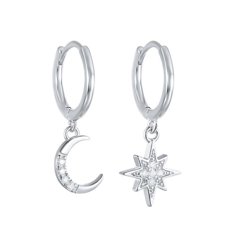 S925 Sterling Silver Star And Moon Asymmetrical Ears