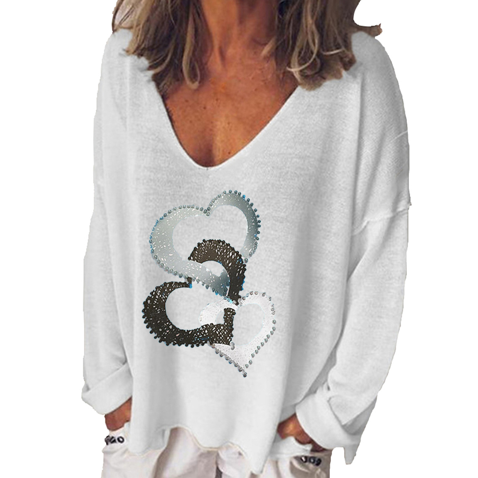 V-neck Long-sleeved T-shirt Women Creative Love Printing