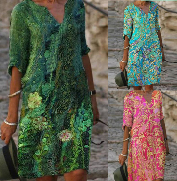 Fashion Multicolor Printed Loose V-Neck Pullover Mid-Sleeve Mid-Length Dress