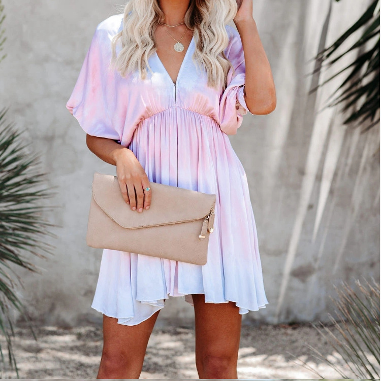 European And American Cross Border Exclusive For Summer Tie Dye Deep V Loose Sexy Big Swing Bat Sleeve Short Dress Factory Outlet Pink - Shop at LoveMi
