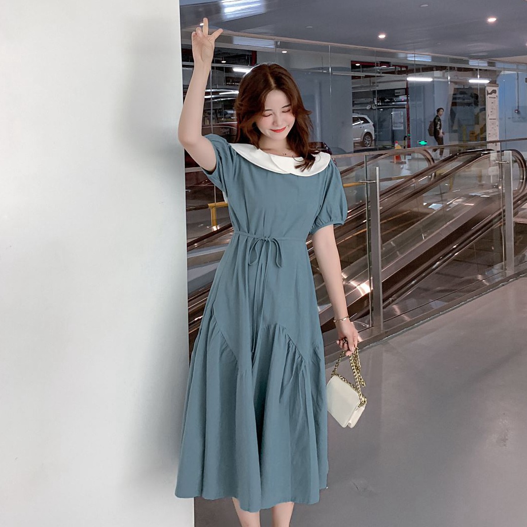 Sweet Blue-green Long Contrast Color Doll Collar Waistband And Fishtail Dress On Both Sides