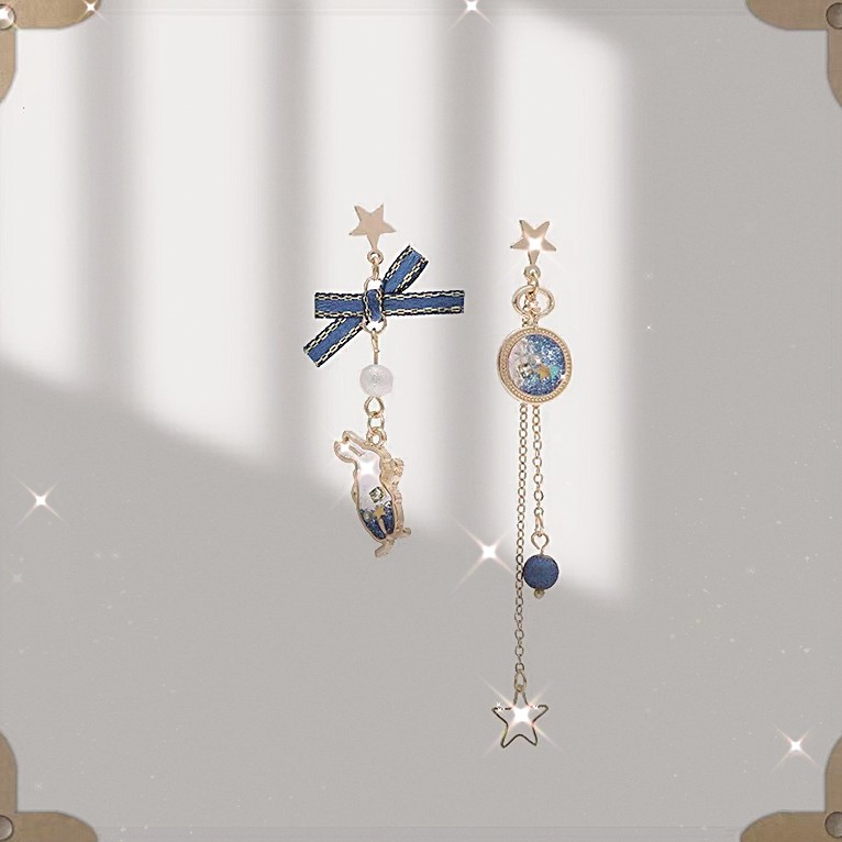 Full 38-10 Silver Needle S925 Blue Dream Rabbit Bow Asymmetric Earrings Long Frosted Bead Earrings