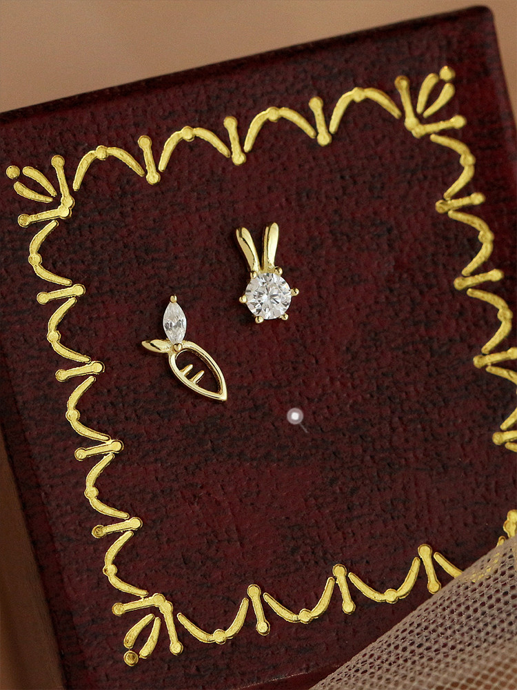 Cute Little Rabbit Asymmetric S925 Sterling Silver Earrings 14K Gold Earrings Rhinestone Girl Japanese Earrings Needle Sweet