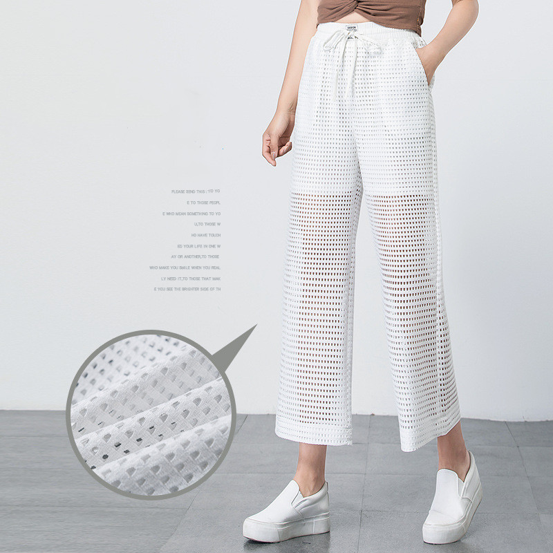 Women's Nine Points Summer Thin Wide Leg Pants Hollow Elastic Waist Casual Pants